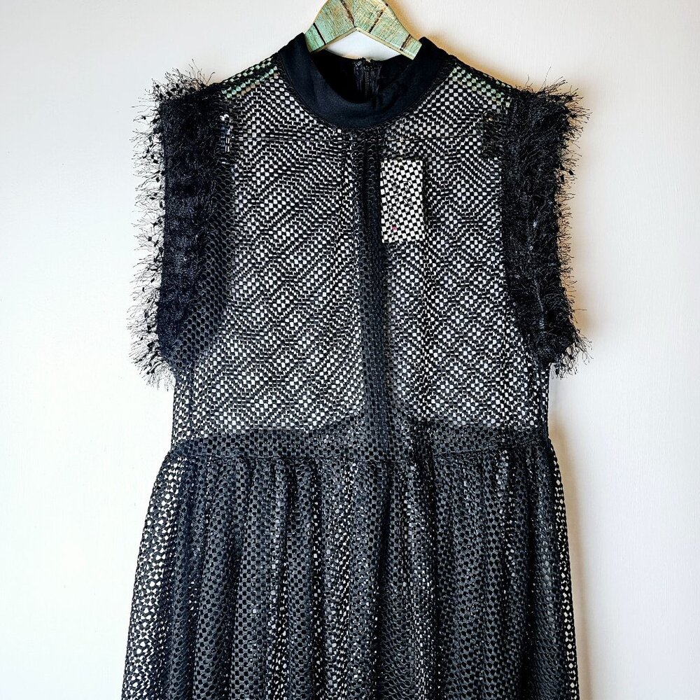Posh Shoppe Sheer Feather Sleeve High Neck Full Mesh Black Dress,  1X, NWT - Picture 2 of 11
